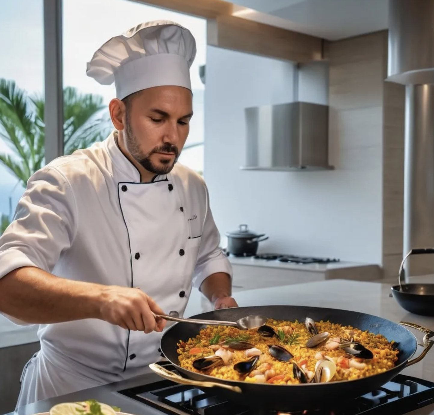 Chef cooking food for guests in a private villa